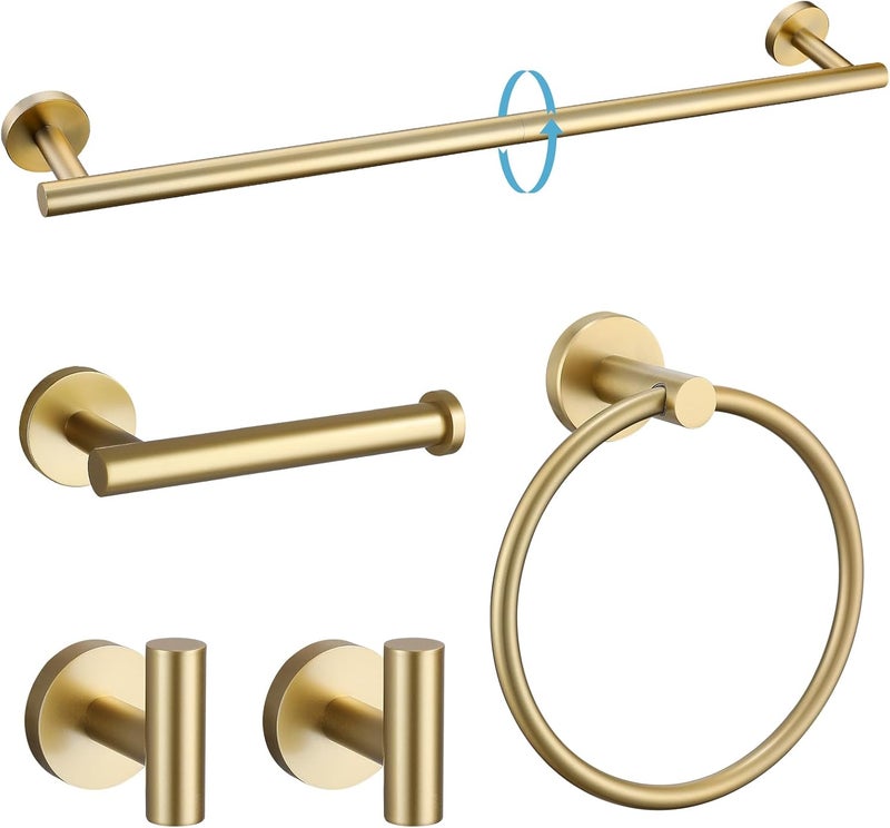 TURS Brushed Gold 5 Piece Bathroom Hardware Set, SUS304 Stainless Steel 24 Inch Bath Towel Bar Set, Round Bathroom Accessories Kit Wall Mounted - Image 1